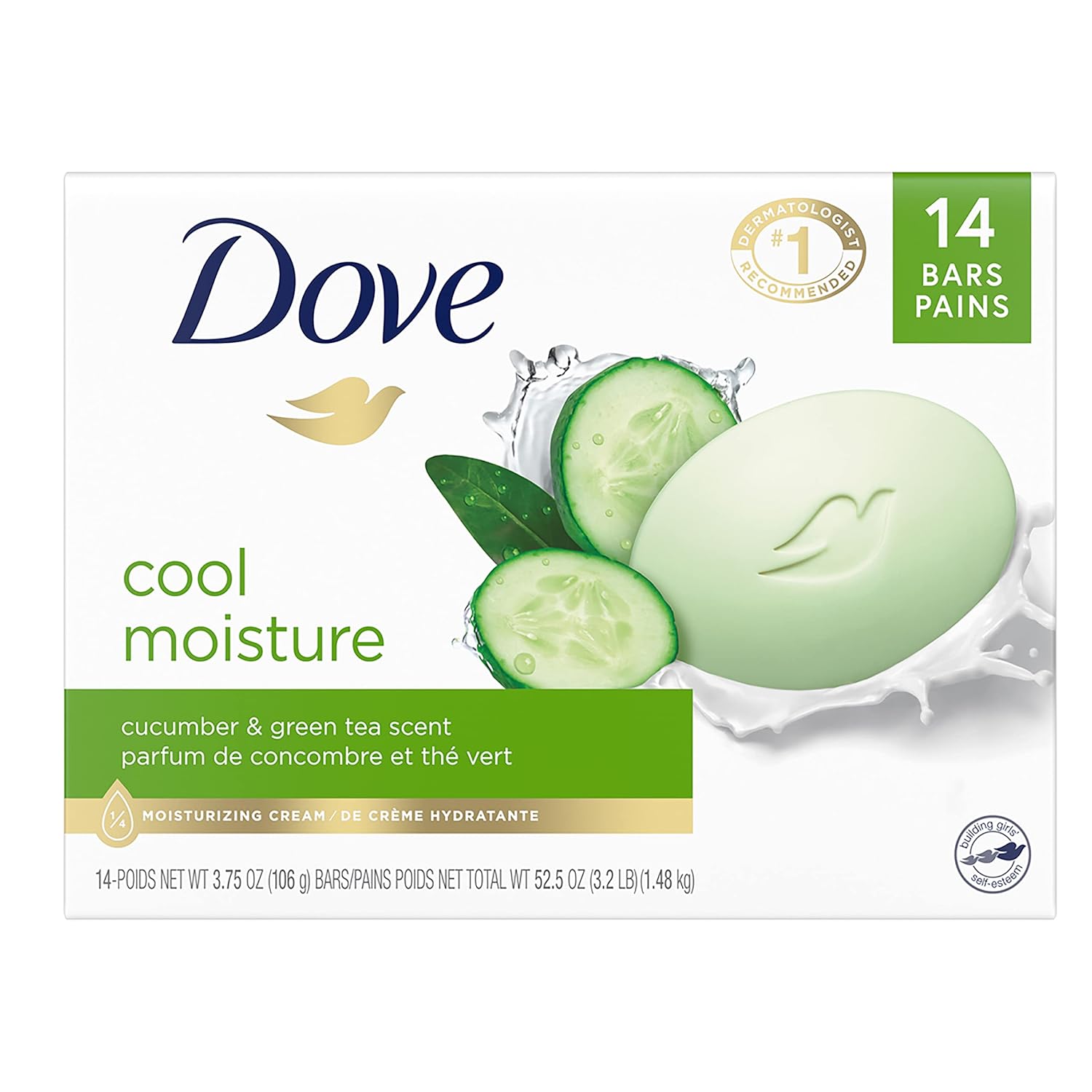 Dove Skin Care Beauty Bar For Softer Skin Cucumber And Green Tea More Moisturizing Than Bar Soap 3.75 oz, 14 Bars