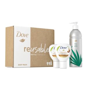 Dove Body Wash Aluminum Reusable Bottle and Concentrate Refill (2x) Starter Kit for Instantly Soft Skin Shea