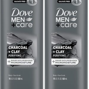 DOVE MEN + CARE Elements Body Wash Charcoal + Clay, Effectively Washes Away Bacteria While Nourishing Your Skin, Gray, 18 Fl Oz